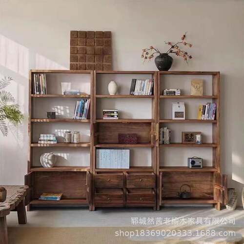 新中式老榆木博古架落地式多宝阁装饰茶杯茶具收纳架多层实木书架