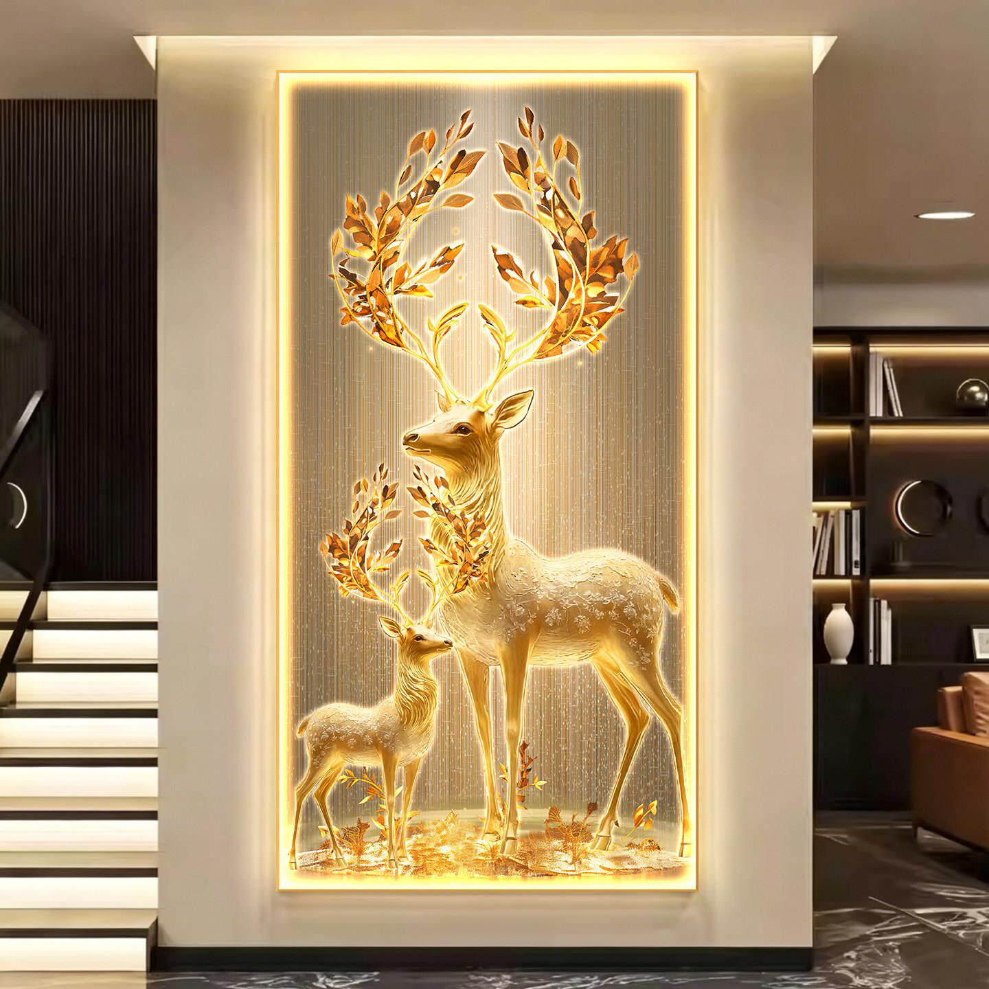 轻奢玄关装饰画 LED 灯画麋鹿入户走廊过道挂画现代高级感竖版画