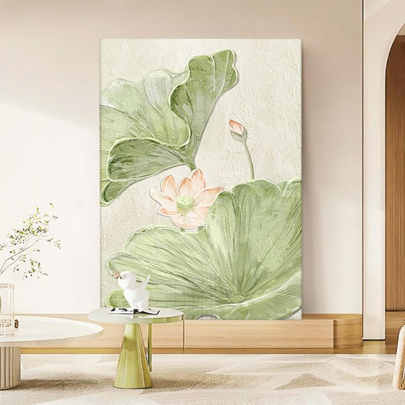 奶油风荷花纯手绘油画入户玄关装饰画客厅抽象荷叶新中式肌理挂画