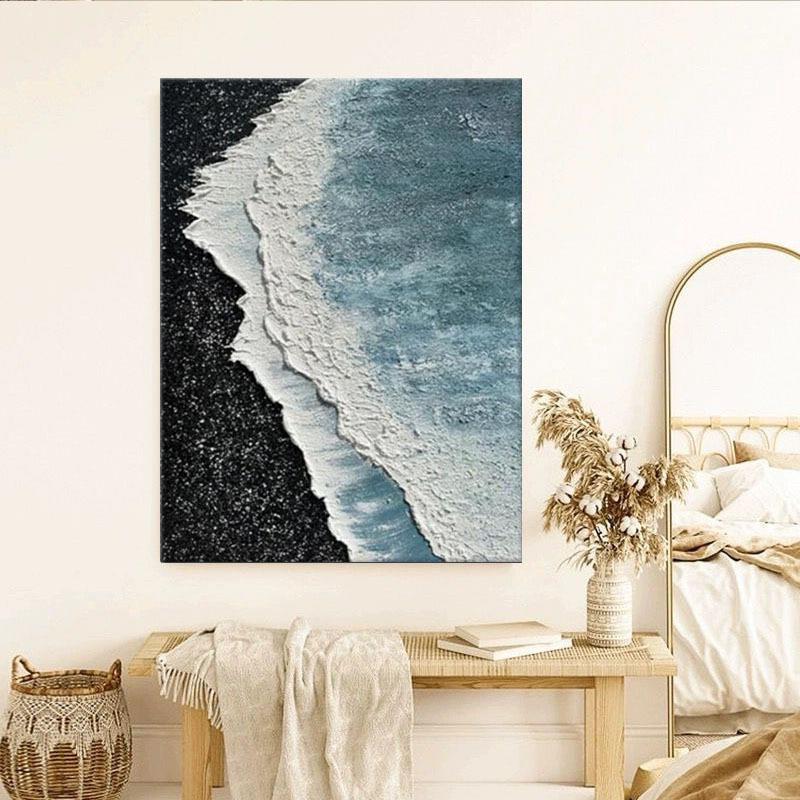 抽ZGE手绘油画蓝色景象客厅装饰海画石英砂立体肌理象抽玄关入户