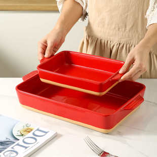 方形双耳陶瓷餐盘家用烤箱烤盘烘焙长方盘芝士焗饭盘简约创意菜盘