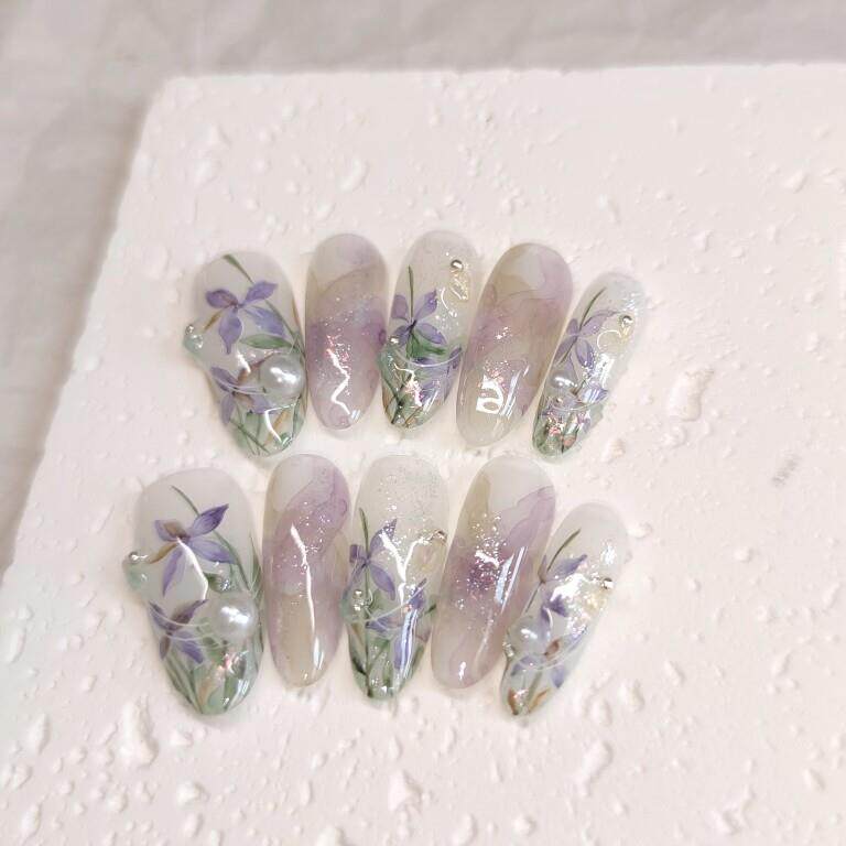 【气如兰】纯手工定制穿戴甲美甲成品贴片水彩手绘