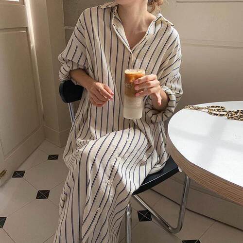 Collar striped long sleeved shirt dress