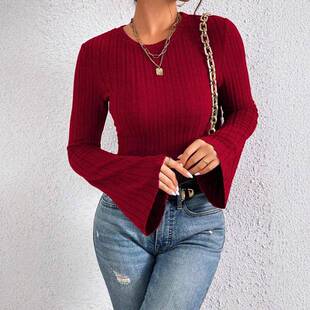 Women's Plain Lettuce Trim Flounce Sleeve Tee  Casual Long