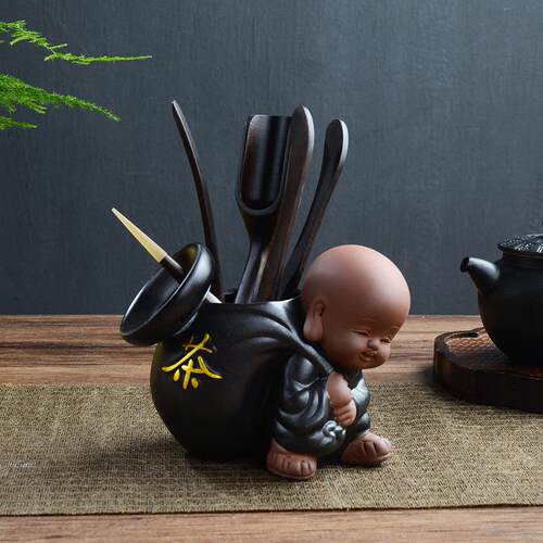 禅茶紫砂小和尚功夫茶具黑陶小和尚黑檀木茶道六君子套装茶具配件