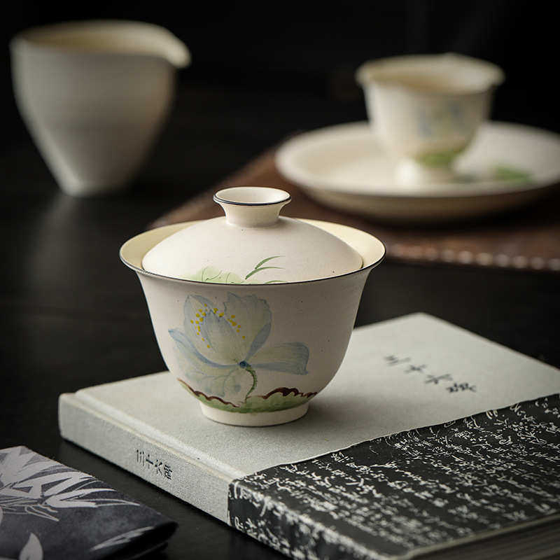 蓝荷韵手绘粉引二才盖碗高档陶瓷中式功夫茶具女士泡茶碗粗陶薄胎,餐饮具,盖碗,淘宝优惠券,粉丝福利购,淘宝优惠卷