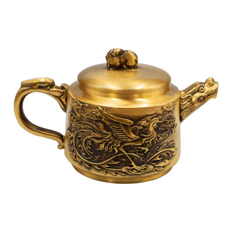 黄铜龙凤龙头茶壶高档复古浮雕茶具铜壶家居摆件金属茶具酒具礼品
