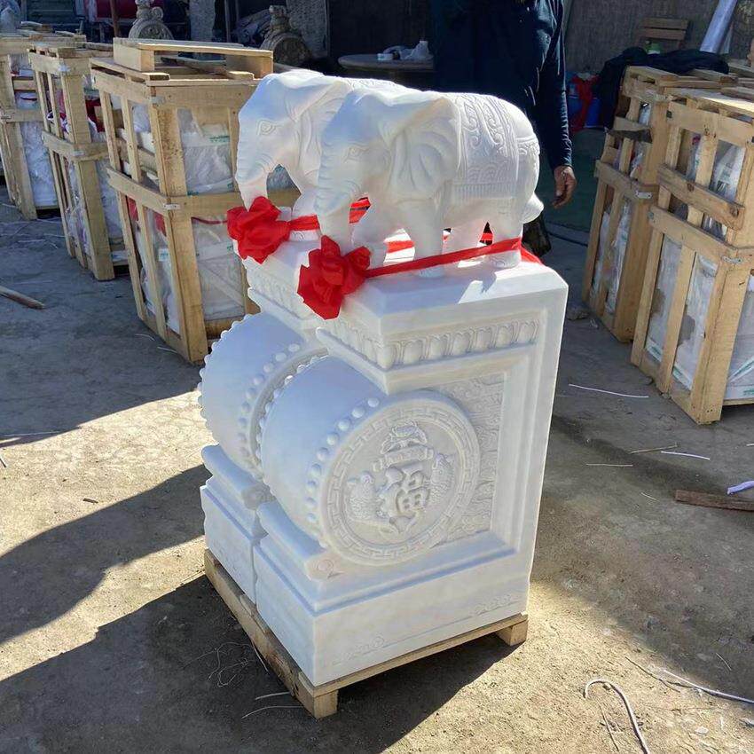中式石雕小象抱鼓石汉白玉门墩石鼓摆件门口方抱圆雕塑厂家