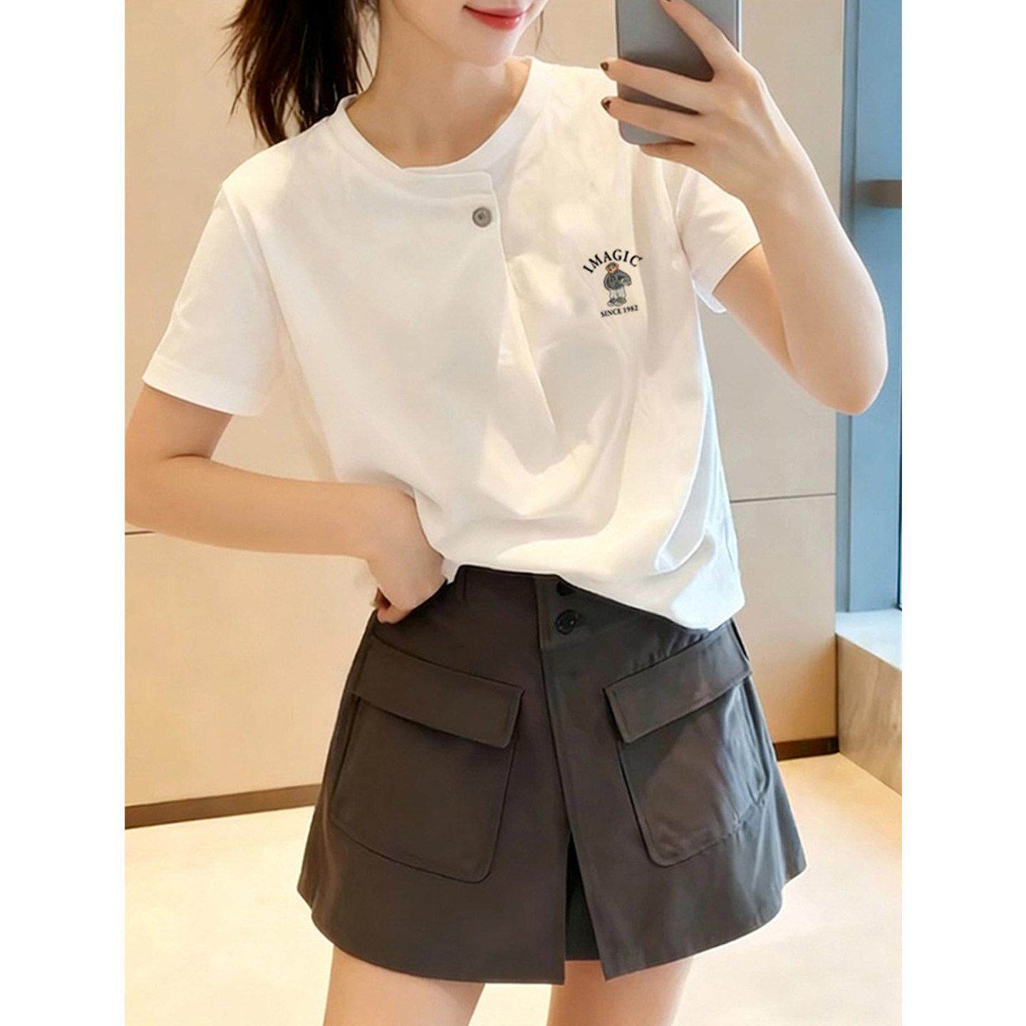 韩国小众钮扣设计感纯棉正肩白色短袖T恤女韩版减龄显瘦上衣夏季