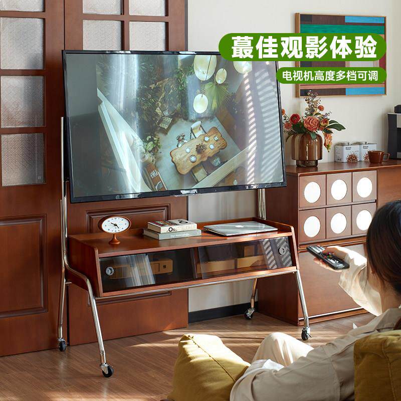 觅墨覆古实木电视机架小户型客厅卧室落地可移动显示器电视壁挂架
