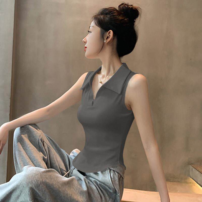 夏季2025新款美式遮副乳烟灰色背心女polo领无袖外穿弧形下摆上衣