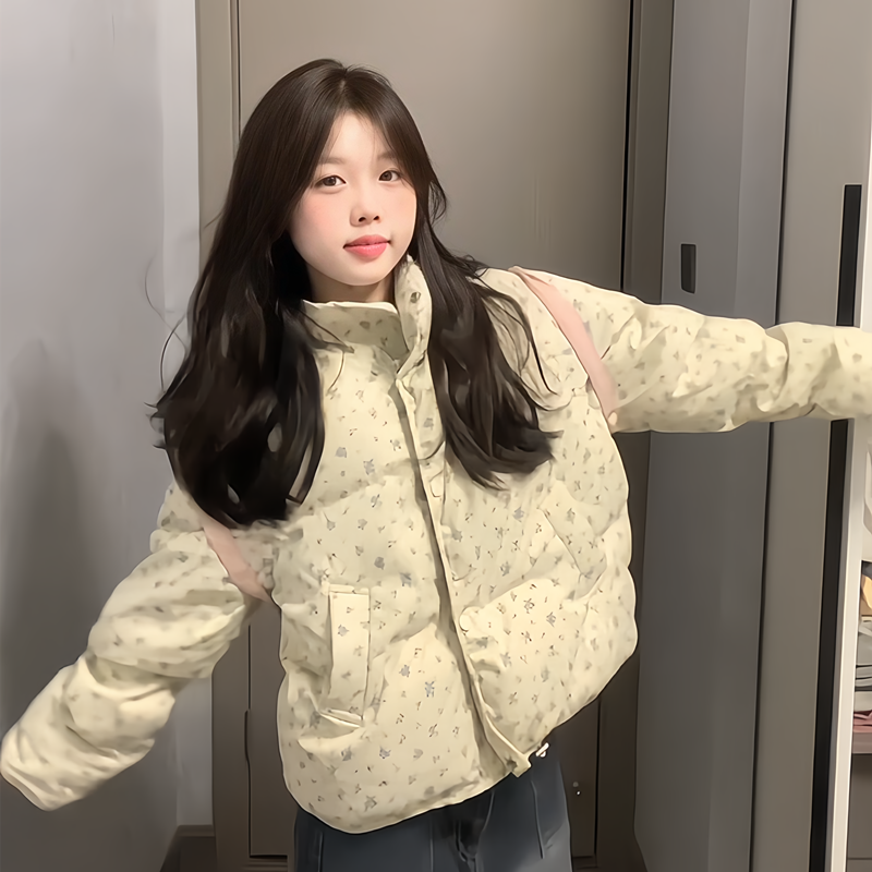 超好看洋气短款碎花羽绒棉袄女冬2024年冬季新款小个子加厚面包服