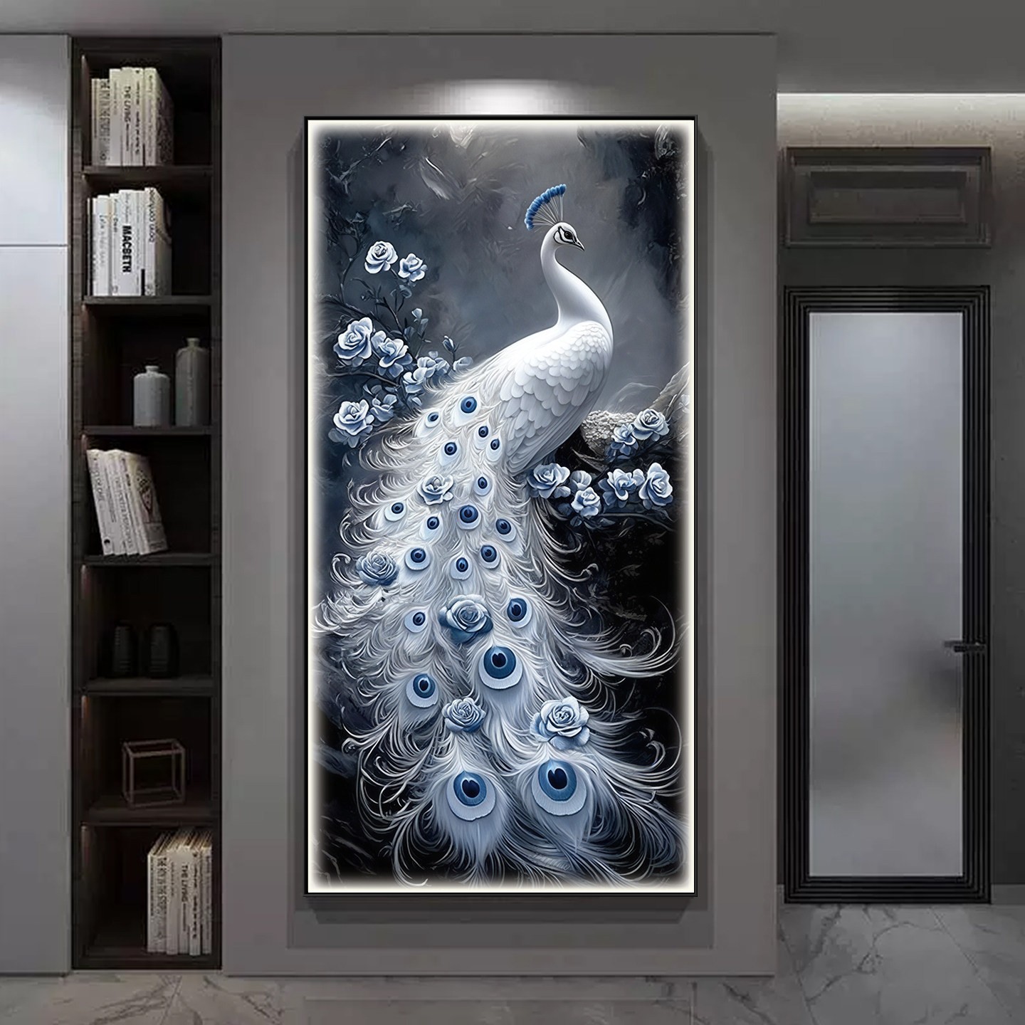 轻奢入户孔雀玄关装饰画led灯画新款高级感挂画走廊过道晶瓷壁画