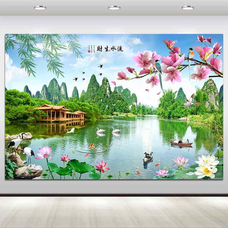 江山如画唯美山水风景墙贴画自粘客厅卧室流水生财背景墙装饰壁画