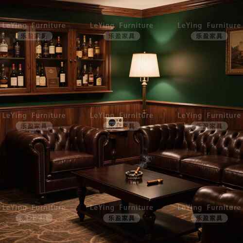 雪茄吧沙发美式私人会所覆古威士忌酒吧桌椅老钱风单双人座椅组合