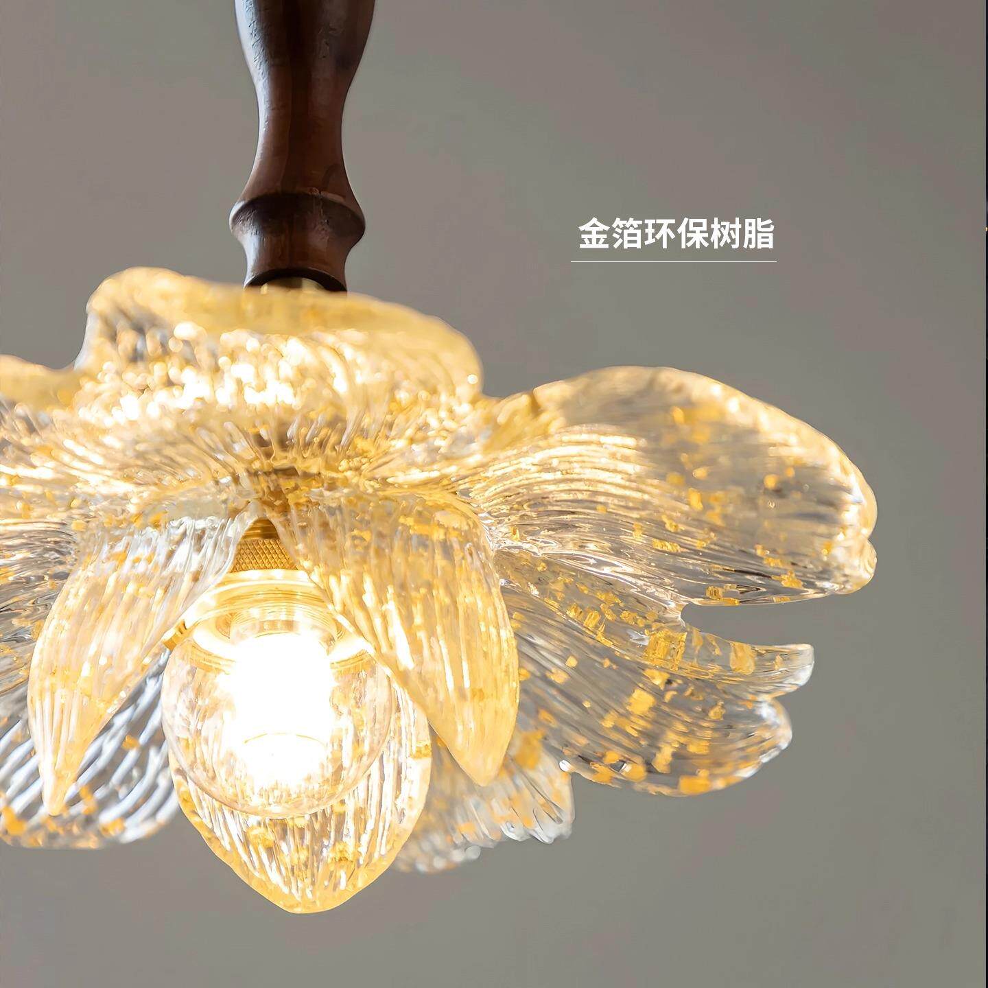 法式中卧古风室床头木小吊脂灯278花瓣树金箔胡桃色实吧台餐厅吊