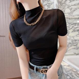 春夏半高领网纱上衣女短袖 紧身内搭薄纱衣黑色蕾丝打底0310z 薄款