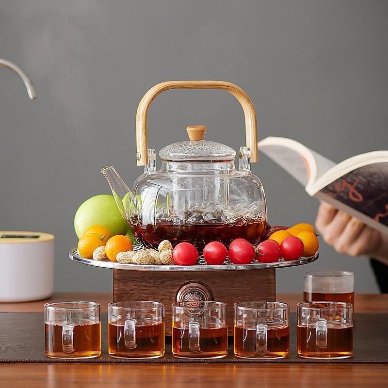 家用电热茶炉茶具泡茶炉电陶炉胡桃木煮茶炉围炉煮茶器玻璃烧水壶
