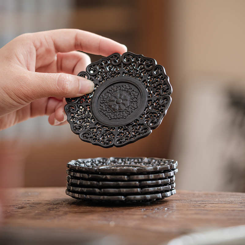 紫光檀镂空缠枝莲纹雕刻茶杯垫禅意复古茶具中式隔热茶托繁花