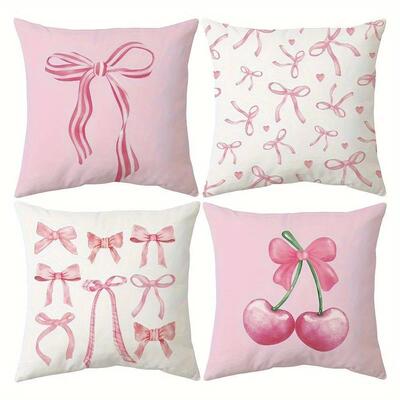 Pink bow cherry pattern printed pillowcase, soft and comfort