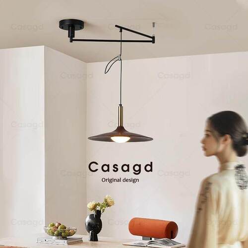 复古吊灯可移位餐厅灯胡桃木色中古民宿飞碟吧台摇臂餐桌灯casagd