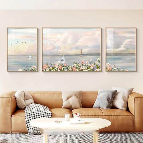 温馨花海沙发背景画现代简约三联画客厅装饰画挂画北欧风壁画