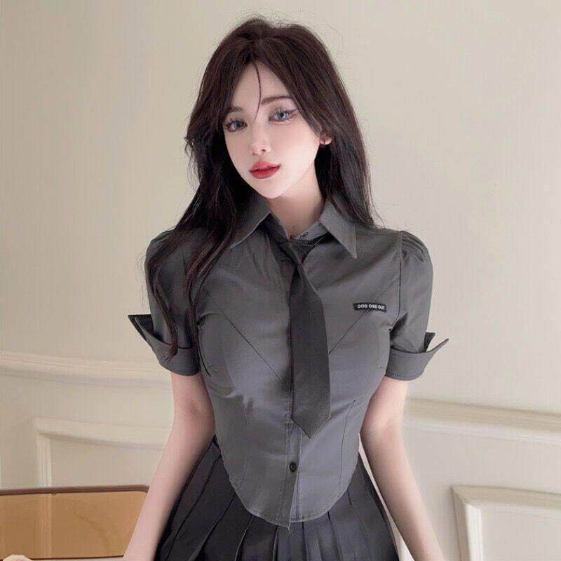 夏季制服灰色短款衬衫女装短袖学院风纯欲收腰紧身衬衣领带上衣