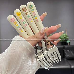 乐卡动物不锈钢叉子可爱陶瓷手柄家用吃面吃水果用的叉子甜品小叉