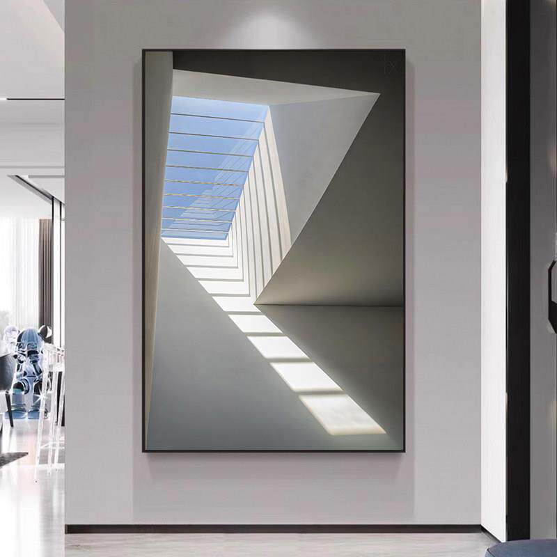 黑白灰建筑工业风客厅装饰画意式抽象空间感别墅楼梯玄关落地挂画