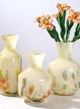 高级彩色琉璃中古芬顿奶黄色创意玻璃花瓶客厅茶几家居插花装饰