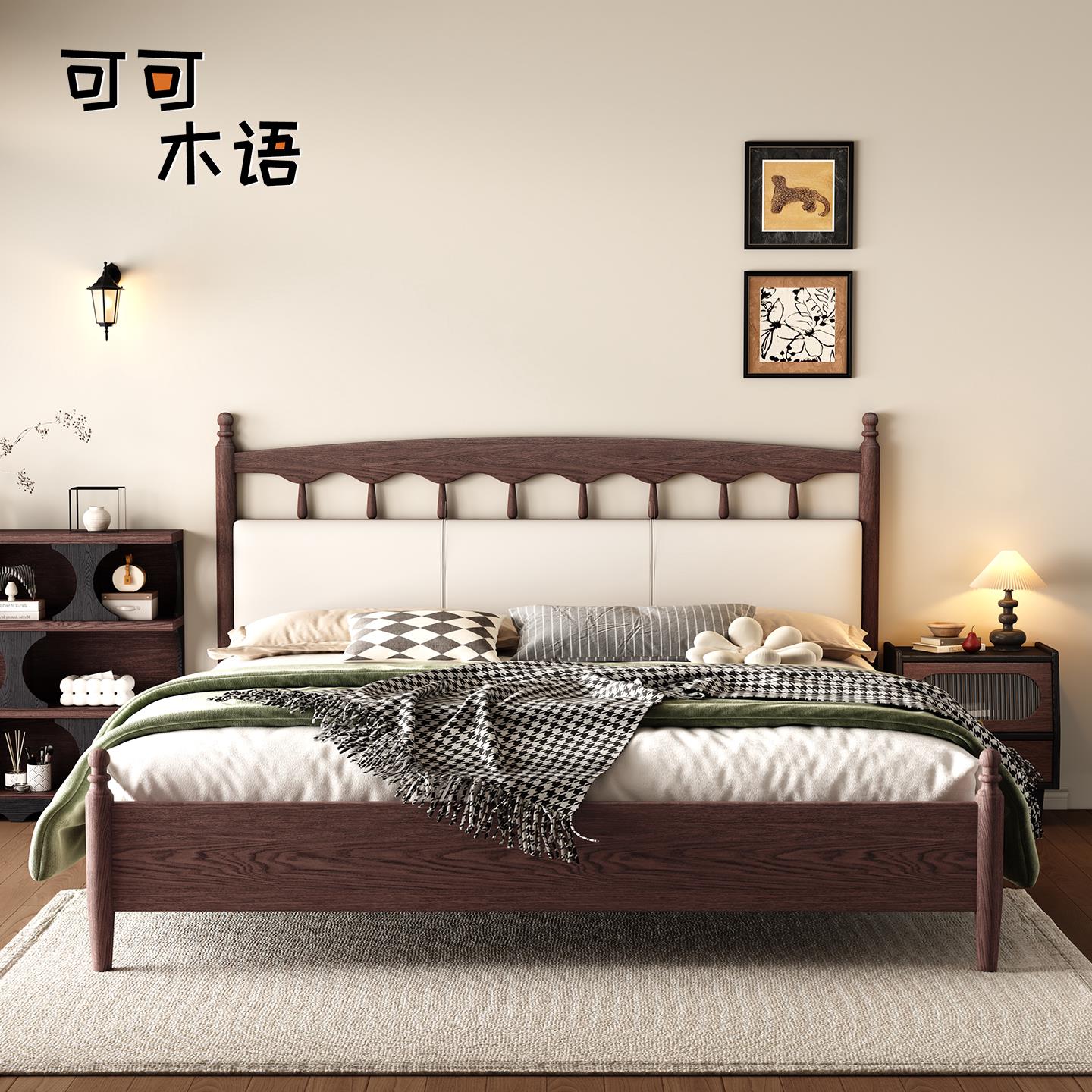 中古风温莎床法式复古红橡木床1.8米主卧婚床1.5米小户型储物床