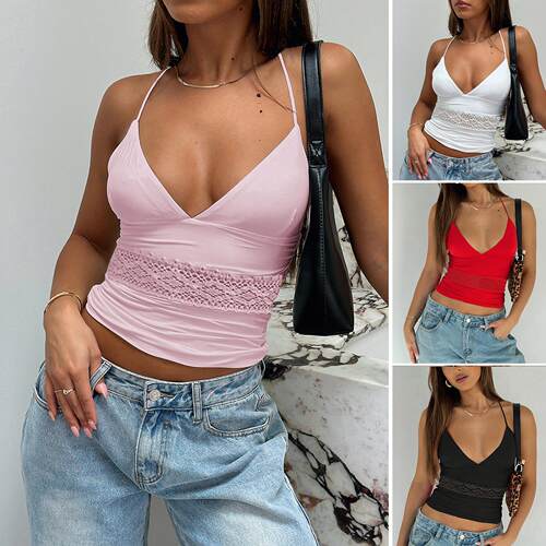 Basic Plain Minimalist Halter Top Deep V Lace Waist Sexy