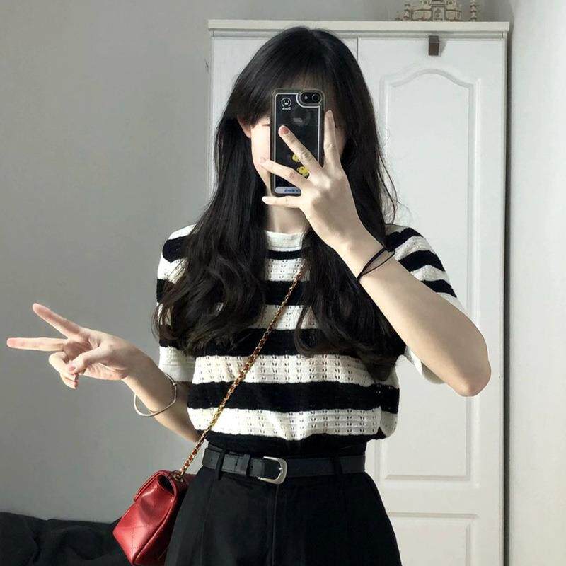 s条纹针织衫短新袖t恤女夏季款毛针织衫