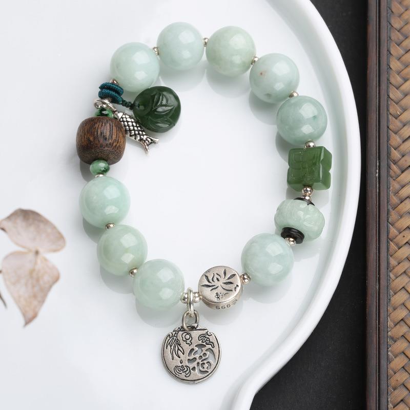 天然翡翠手链福牌碧玉竹节手串沉香年年有鱼碧玉包包民族风手饰品