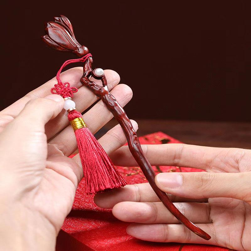 紫檀木梳立体雕刻幽兰桃花梳子汉服古风实木簪配饰婚庆发簪套装