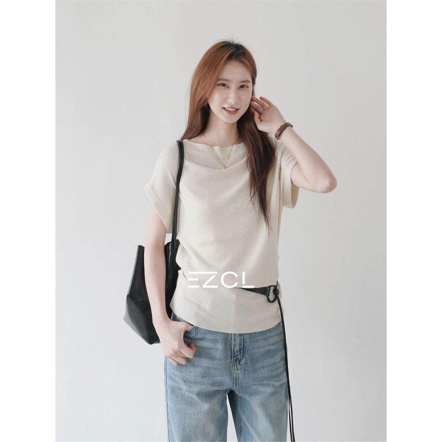 EZCL 极简风一字领针织衫短袖收腰显瘦百搭气质上衣修身套头春季