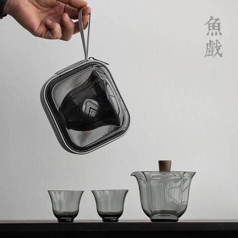 耐热玻璃可携式旅行功夫茶具套组快客杯一壶二杯带过滤泡茶杯子盖