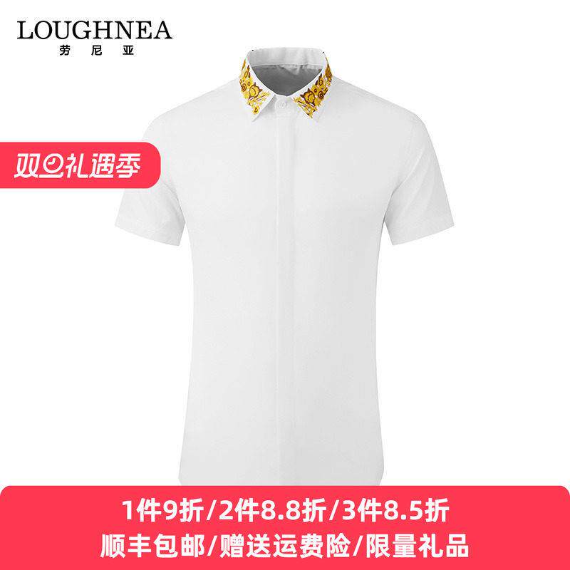 LOUGHNEA品牌白色短袖衬衫男中国风刺绣立体多层花纹夏季棉纺衬衣