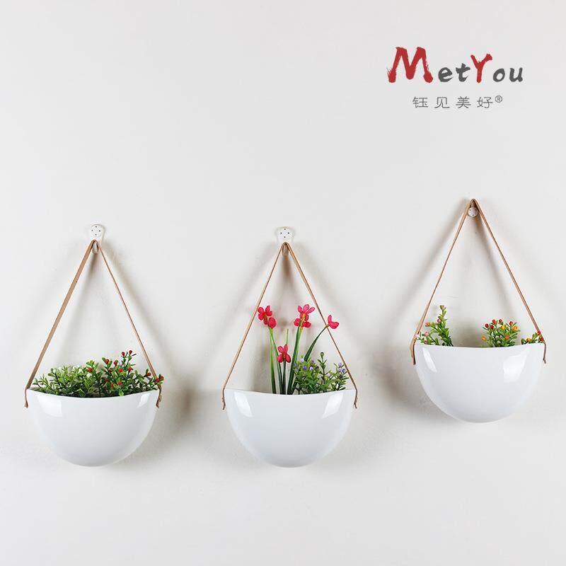 创意绿植物盆栽悬挂式白色亮光花盆陶瓷麻绳皮绳吊盆壁挂墙面装饰
