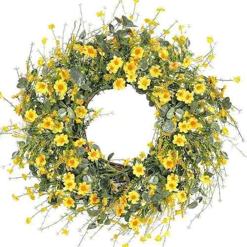 春夏季小黄雏菊藤圈花环 仿真白花尤加利藤条家居装饰婚礼门壁挂