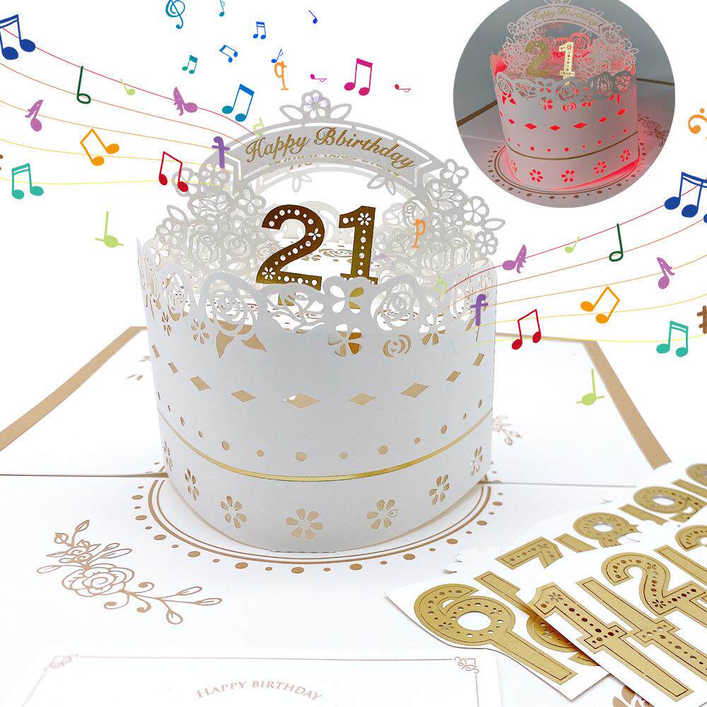 新款生日音乐礼品立体贺卡高档激光镂空3D生日蛋糕祝福卡跨境