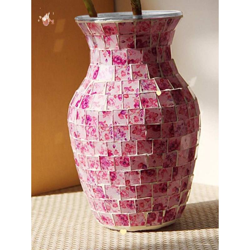 欧式粉紫色碎花收脖马赛克玻璃花瓶时尚家居客厅餐厅装饰台面花插