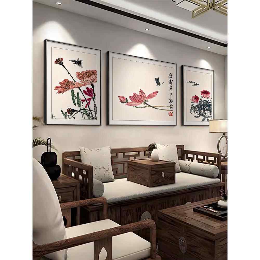 齐白石客厅装饰画新中式荷花水墨画沙发背景墙三联挂画中国风壁画