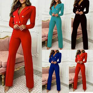 suit collar sleeved jumpsuit long Women