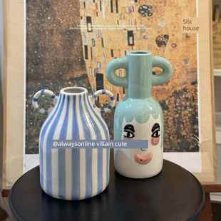 反派可爱多欧洲风格的乐趣手绘笑脸陶瓷双耳条纹花瓶可爱的装饰家