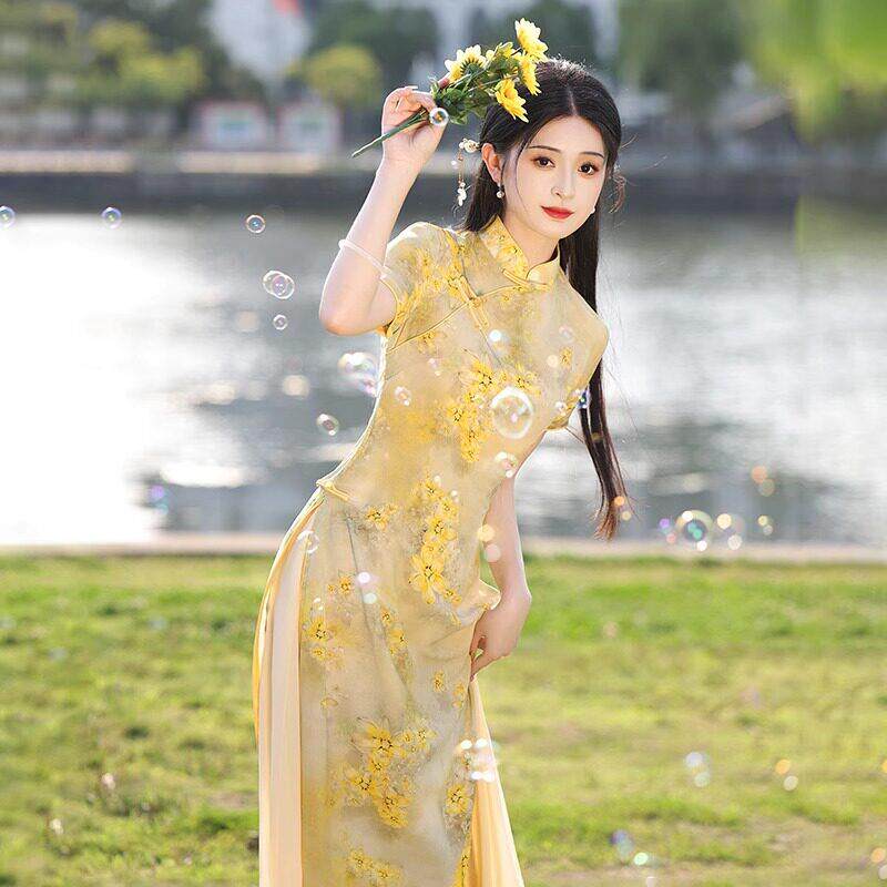 新中式黄色奥黛旗袍洋装女夏季2026新款改良年轻款高端气质显白