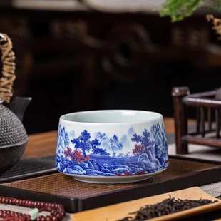 景德镇仿古青花山水茶洗水盂家用茶渣缸陶瓷水洗废水缸茶道零配件