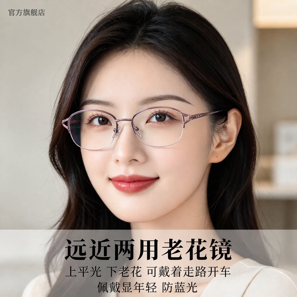 细框远近两用老花眼镜女防蓝光上平光佩戴显年轻正品官方旗舰店