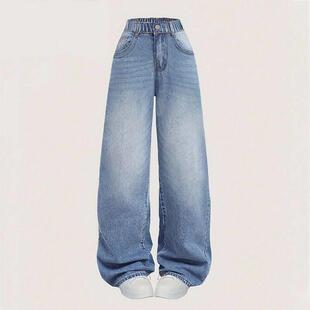 Girl's Pocket Wide Leg Jeans Light Wash Jeans Loose Legged