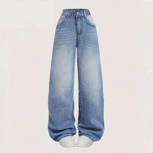 Girl's Pocket Wide Leg Jeans Light Wash Jeans Loose Legged